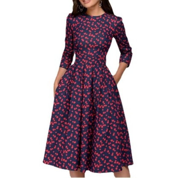 VINTAGE Dresses & Skirts - Retro Vintage Inspired 3/4 Sleeve Floral Midi Dress SZ M